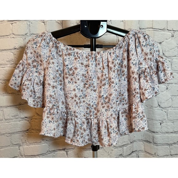 GB Floral Off The Shoulder Ruffle Crop Top Tan Blue Small - Picture 2 of 4
